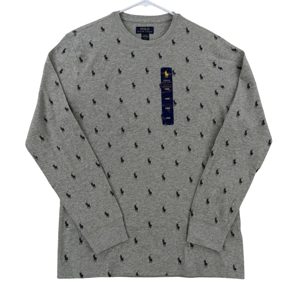 Polo Ralph Lauren Shirt Mens Large Gray Waffle Pony Logo Henley Sleep Pajama NWT